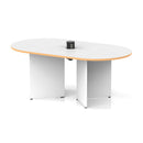 White and oak Impulse Volta Boardroom Table by Dynamic with arrowhead legs and built-in pop-up power module, modern office furniture.
