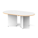 White and oak Impulse Volta boardroom table by Dynamic with arrowhead legs and built-in pop-up power module, modern conference furniture