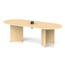 Dynamic Impulse Volta Boardroom Table with Maple finish, arrowhead legs, and built-in pop-up power module for conference rooms.