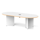 White and oak Impulse Volta boardroom table with arrowhead legs featuring a pop-up power module, by Dynamic.