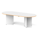 Impulse Volta boardroom table with arrowhead oak legs and pop-up power module, featuring a white and oak finish by Dynamic.