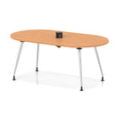 Impulse Volta boardroom table by Dynamic with silver legs and a beech surface, featuring a pop-up power module for conference rooms.