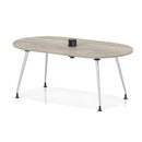 Impulse Volta boardroom table by Dynamic with grey oak surface, silver leg frame, and integrated pop-up power module.