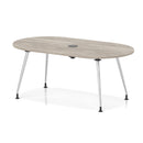 Impulse Volta boardroom table by Dynamic with grey oak surface, silver leg frame, and built-in pop-up power module.