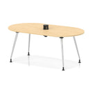 Impulse Volta boardroom table with pop-up power module, silver leg frame, and maple surface, by Dynamic.