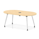 Impulse Volta Boardroom Table by Dynamic with silver leg frame and maple surface, featuring a pop-up power module for conference rooms.