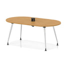 Impulse Volta boardroom table by Dynamic with oak surface, silver leg frame, and integrated pop-up power module for meetings.