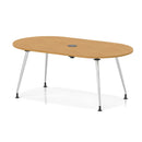 Impulse Volta boardroom table with oak surface, silver leg frame, and pop-up power module, designed for professional meeting spaces.