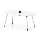 Impulse Volta boardroom table with white surface, silver leg frame, and integrated pop-up power module for meetings.