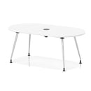 White Impulse Volta Boardroom Table by Dynamic with silver leg frame and built-in pop-up power module, sleek and modern conference table