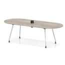 Impulse Volta boardroom table by Dynamic with grey oak surface, silver leg frame, and integrated pop-up power module.