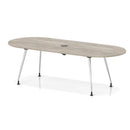 Impulse Volta boardroom table by Dynamic with grey oak surface, silver leg frame, and integrated pop-up power module.
