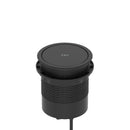 Dynamic Volta Round Pop Up Power Unit with 4 sockets and wireless charger, installed in a countertop with a sleek design.