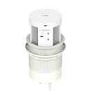 Dynamic Volta Round Pop Up Power Unit with 4 sockets and wireless charger, installed in a 120mm round surface.