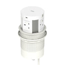 Dynamic Volta Round Pop Up Power Unit with 4 sockets and wireless charger, 120mm diameter, designed for modern workspaces.