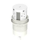 Dynamic Volta Round Pop Up Power Unit with 4 sockets and wireless charger, 120mm module, shown in a sleek countertop setup.
