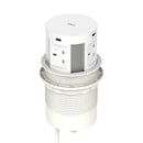 Dynamic Volta Round Pop Up Power Unit with 4 sockets and wireless charger, installed in a sleek 120mm round module.