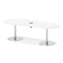 White Italia Volta Poseur Boardroom Table with integrated pop-up power module by Dynamic, showcasing sleek modern design and power access.
