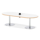 Dynamic Italia Volta poseur boardroom table with white and oak finish, featuring a pop-up power module in a sleek, modern design.
