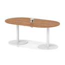 Dynamic Italia Volta Poseur Boardroom Table with walnut finish and pop-up power module, showing sleek modern design and integrated power outlets.