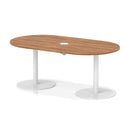 Dynamic Italia Volta Poseur Boardroom Table with walnut finish and pop-up power module, showing a sleek office conference setup.