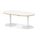 Dynamic Italia Volta Poseur Boardroom Table with white finish and oak accents, featuring a pop-up power module for convenient connectivity.