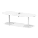White Italia Volta Poseur Boardroom Table with pop-up power module by Dynamic, showing sleek surface and built-in power outlets.