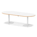 Dynamic Italia Volta Poseur Boardroom Table with white finish and oak accents, featuring a pop-up power module for easy device charging.
