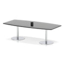 Black Italia Volta Poseur high gloss table by Dynamic with pop-up power module, showcasing sleek modern design and built-in electrical outlets.