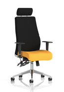 Dynamic Onyx Ergo Posture Chair with bespoke fabric, adjustable headrest, and armrests for ergonomic comfort.