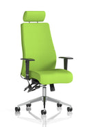 Dynamic Onyx Ergo Posture Chair in bespoke fabric with headrest and armrests, showing ergonomic design and adjustable features.