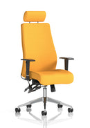 Onyx Ergo Posture Chair by Dynamic with bespoke fabric, adjustable headrest, and armrests, designed for ergonomic support.