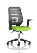 Dynamic Relay medium mesh back office chair with arms, featuring bespoke fabric upholstery and ergonomic design for comfortable seating.