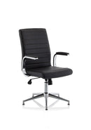 Black leather Ezra executive chair by Dynamic with adjustable glides and ergonomic design, ideal for office or conference rooms.