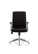Black leather Ezra executive chair by Dynamic with glides, featuring a sleek design and padded seat for office comfort.