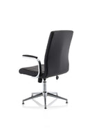 Black leather Ezra Executive chair with glides by Dynamic, featuring a sleek design and padded seat for comfort.