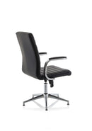 Black leather Ezra Executive chair by Dynamic with glides, featuring a sleek design and padded armrests for professional office seating.