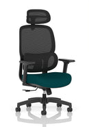 Dynamic Rowan mesh back chair with bespoke fabric upholstery, featuring ergonomic design and adjustable armrests.