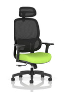 Dynamic Rowan mesh back chair with bespoke fabric upholstery, featuring ergonomic design and adjustable armrests.