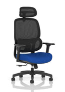 Dynamic Rowan mesh back chair with bespoke fabric upholstery, featuring ergonomic design and adjustable armrests.