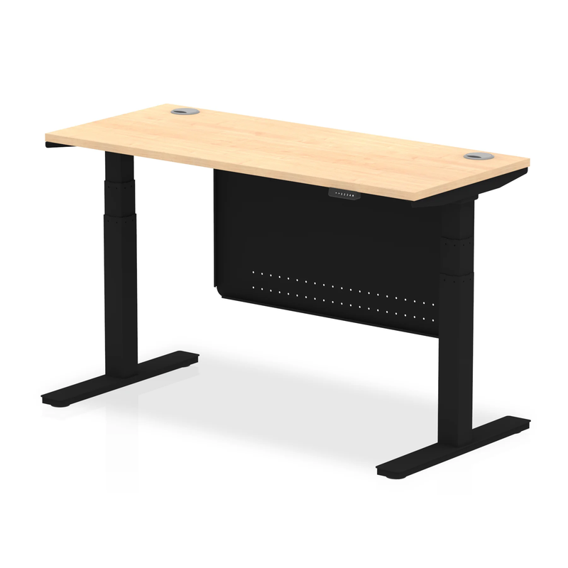 Air 600mm Deep Height Adjustable Desk With Cable Ports & Steel Modesty Panel - Maple - NWOF