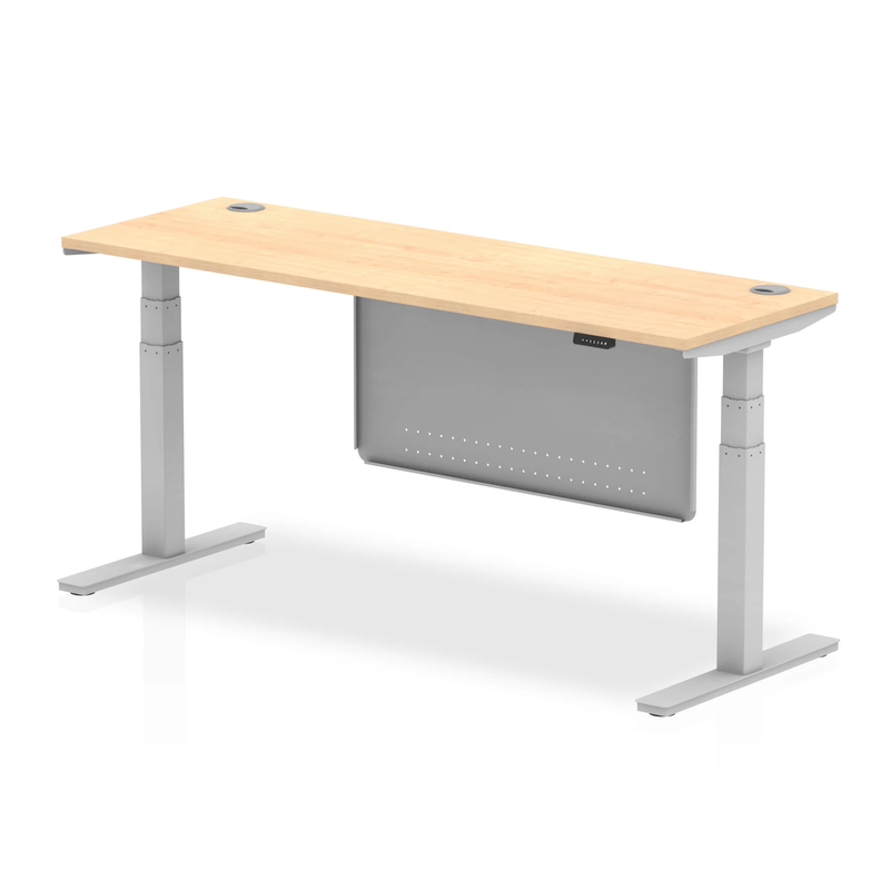 Air 600mm Deep Height Adjustable Desk With Cable Ports & Steel Modesty Panel - Maple - NWOF