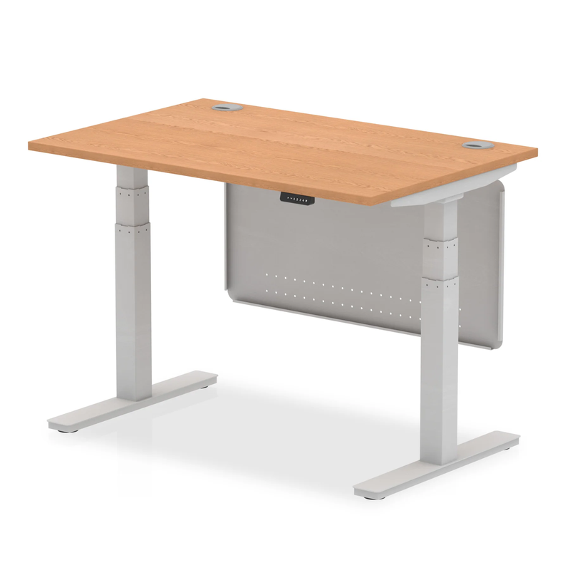 Air 800mm Deep Height Adjustable Desk With Cable Ports & Steel Modesty Panel - Oak - NWOF