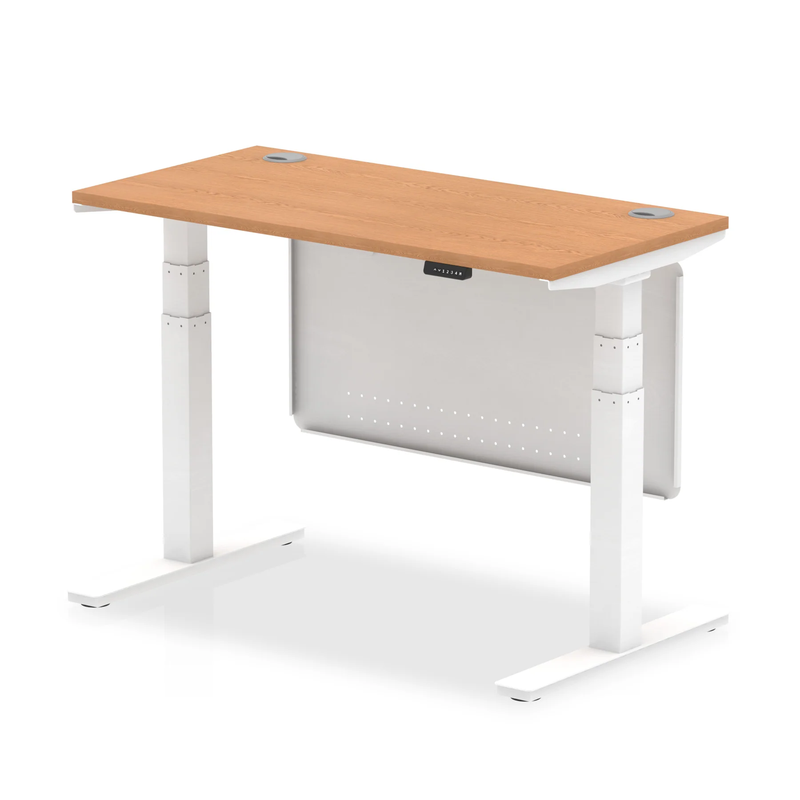 Air 600mm Deep Height Adjustable Desk With Cable Ports & Steel Modesty Panel - Oak - NWOF