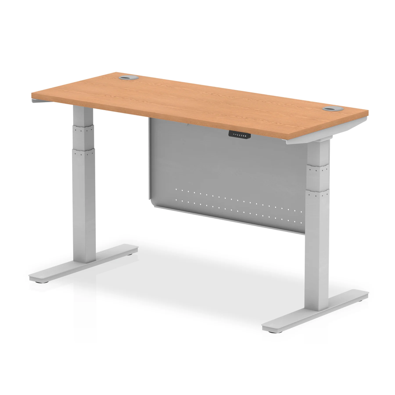 Air 600mm Deep Height Adjustable Desk With Cable Ports & Steel Modesty Panel - Oak - NWOF