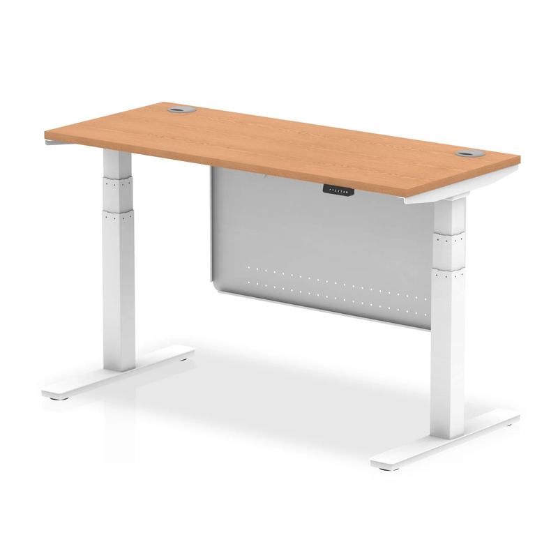 Air 600mm Deep Height Adjustable Desk With Cable Ports & Steel Modesty Panel - Oak - NWOF