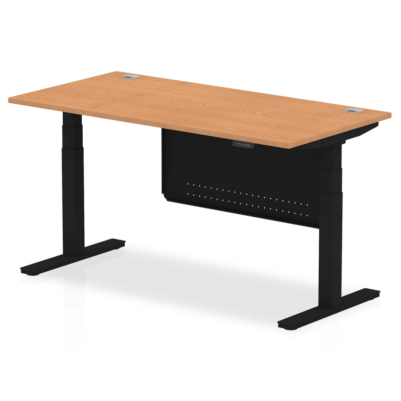 Air 800mm Deep Height Adjustable Desk With Cable Ports & Steel Modesty Panel - Oak - NWOF