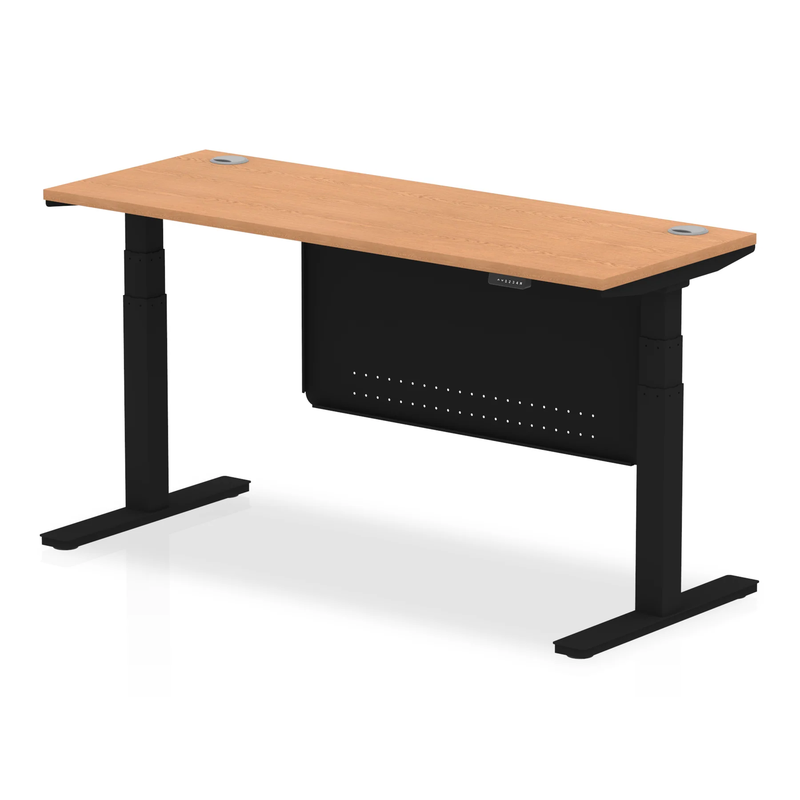 Air 600mm Deep Height Adjustable Desk With Cable Ports & Steel Modesty Panel - Oak - NWOF