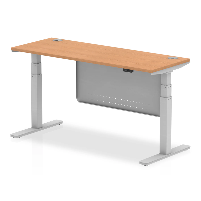 Air 600mm Deep Height Adjustable Desk With Cable Ports & Steel Modesty Panel - Oak - NWOF