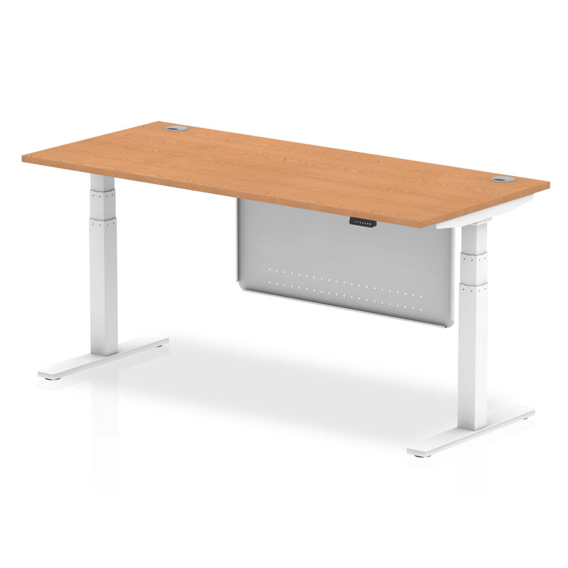 Air 800mm Deep Height Adjustable Desk With Cable Ports & Steel Modesty Panel - Oak - NWOF